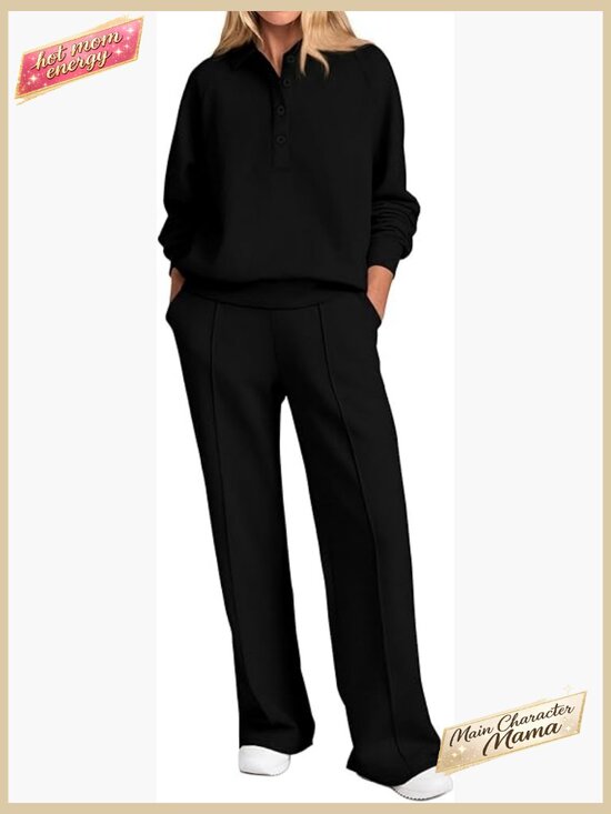 Pants - Quarter Button Sweatshirt Wide Leg Pants Lounge Set Long Sleeve Comfy Tracksuit
